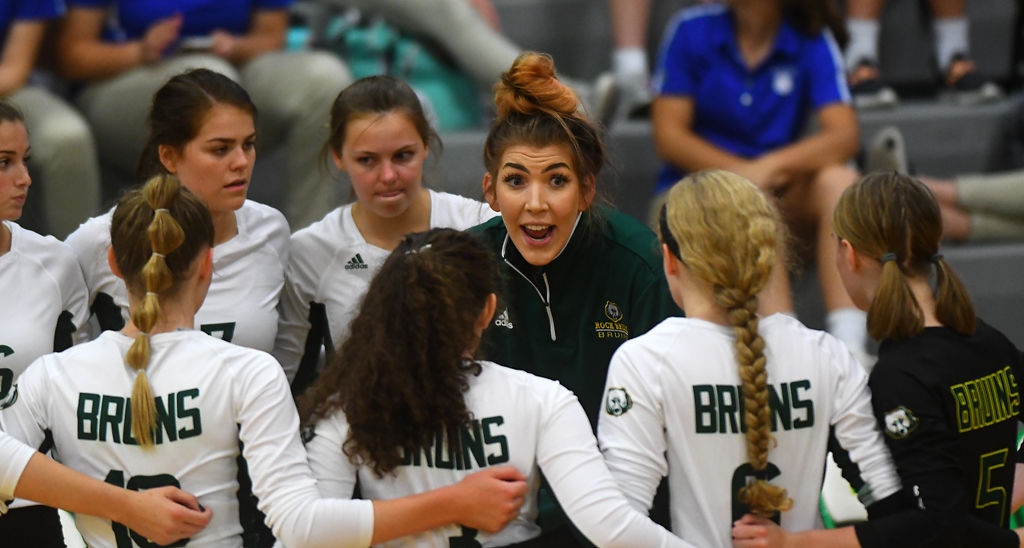 Rock Bridge volleyball coach Nicole Murphy addresses her team